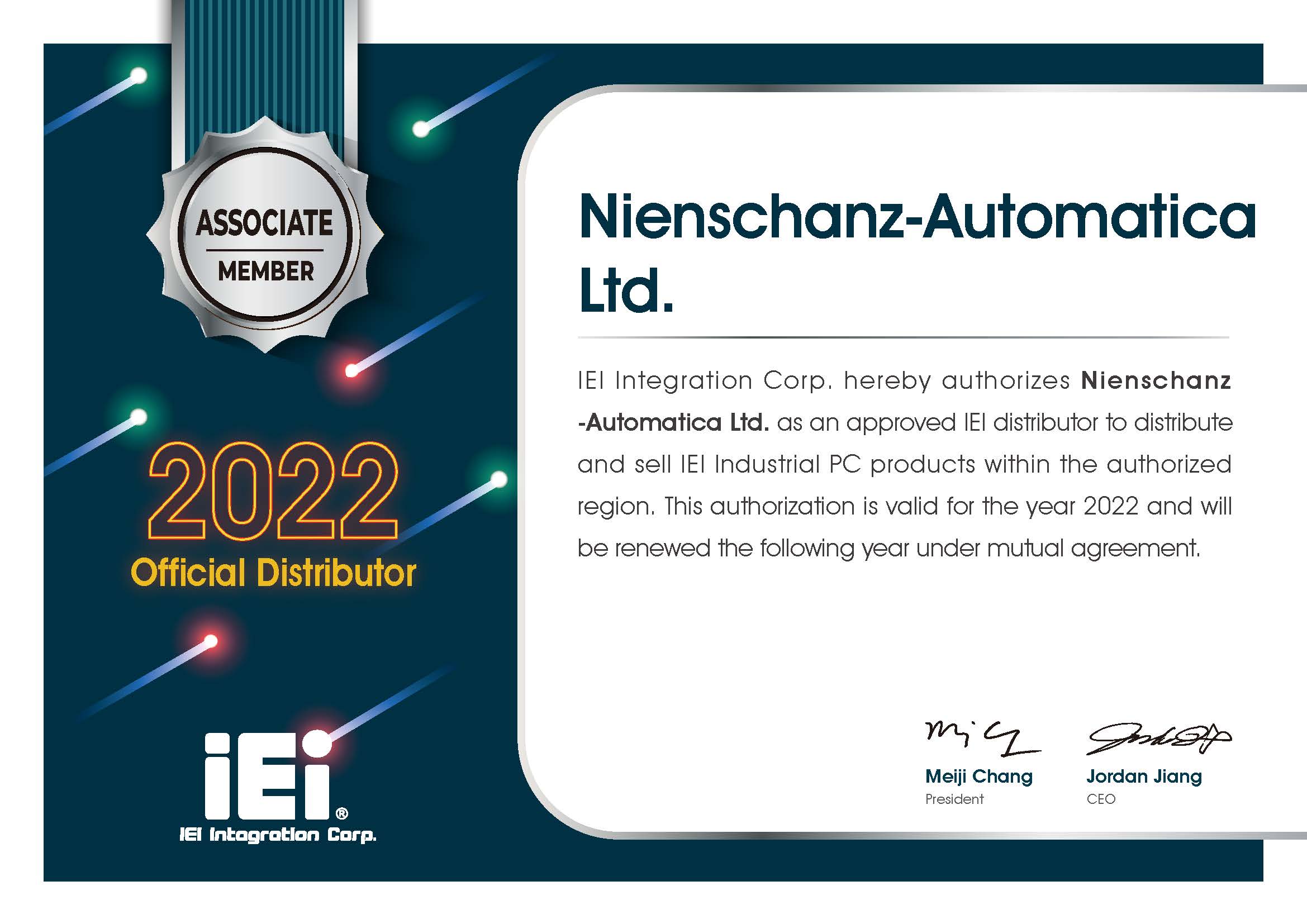 IEI Official Distributor Certificate